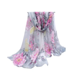Sciarpa leggera grigia a fiori rosa