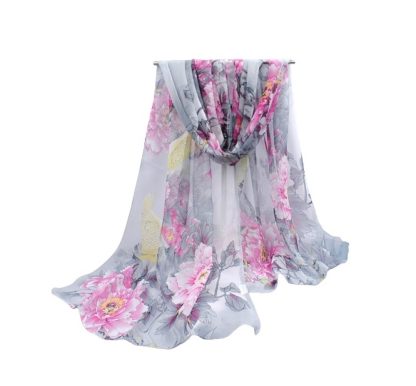 Sciarpa leggera grigia a fiori rosa