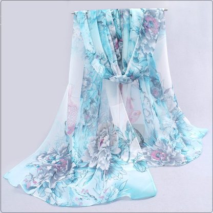 Sciarpa leggera azzurra a fiori grigio e rosa - immagine 2