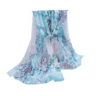 Sciarpa leggera azzurra a fiori grigio e rosa
