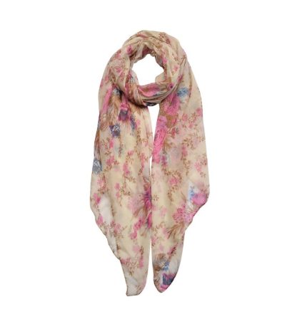 Sciarpa avorio a fiori rosa e celesti