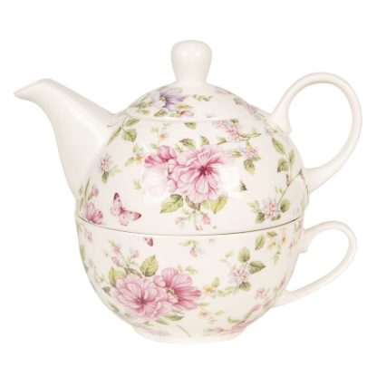 Teiera con tazza in porcellana a fiori rosa - immagine 2