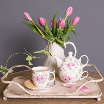 Teiera con tazza in porcellana a fiori rosa - immagine 3