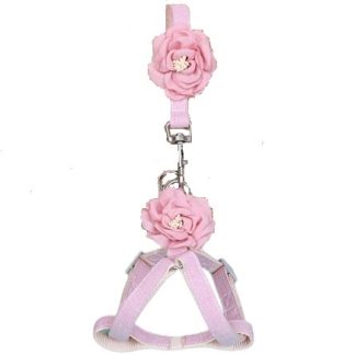 Pettorina rosa con grandi fiori e guinzaglio