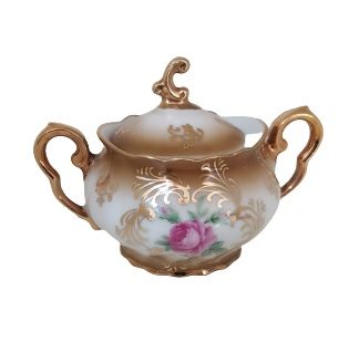 Zuccheriera beige e oro con fiore rosa - vintage