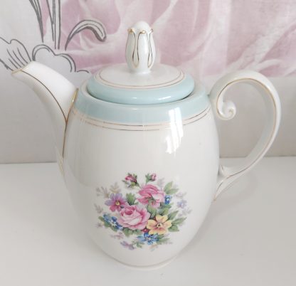 Teiera bianca e celeste con decoro fiori – vintage - immagine 3