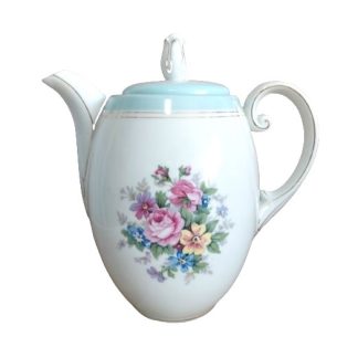 Teiera bianca e celeste con decoro fiori – vintage