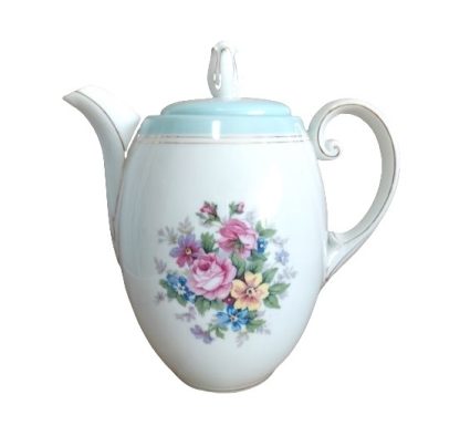 Teiera bianca e celeste con decoro fiori – vintage