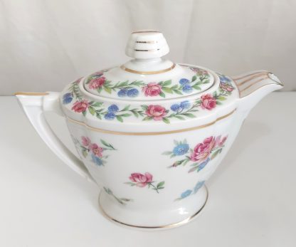 Piccola teiera Limoges bianca con decoro di fiori celesti e rosa - vintage - immagine 3
