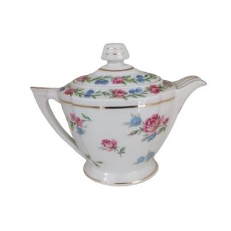 Piccola teiera Limoges bianca con decoro di fiori celesti e rosa - vintage