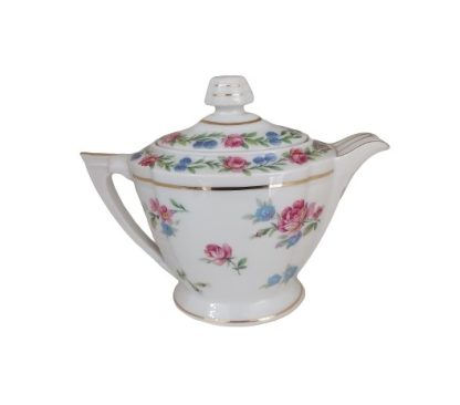 Piccola teiera Limoges bianca con decoro di fiori celesti e rosa - vintage