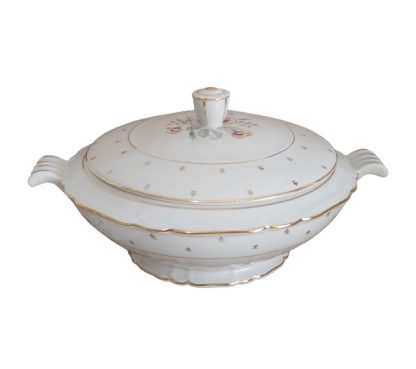 Zuppiera in porcellana bianca e oro con decoro fiori - vintage
